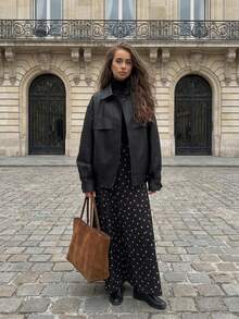 Women's Autumn/Winter Black Polka Dot Elegant High Waist Skirt - Black - View 4