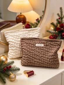 1pc Minimalist Textured Fabric Makeup Pouch, Wavy Embossed Portable Cosmetic Storage Bag, Neutral Tone Toiletry Organizer, Christmas Gift, Christmas Party Supplies For Travel & Home Use - Multicolor - View 1