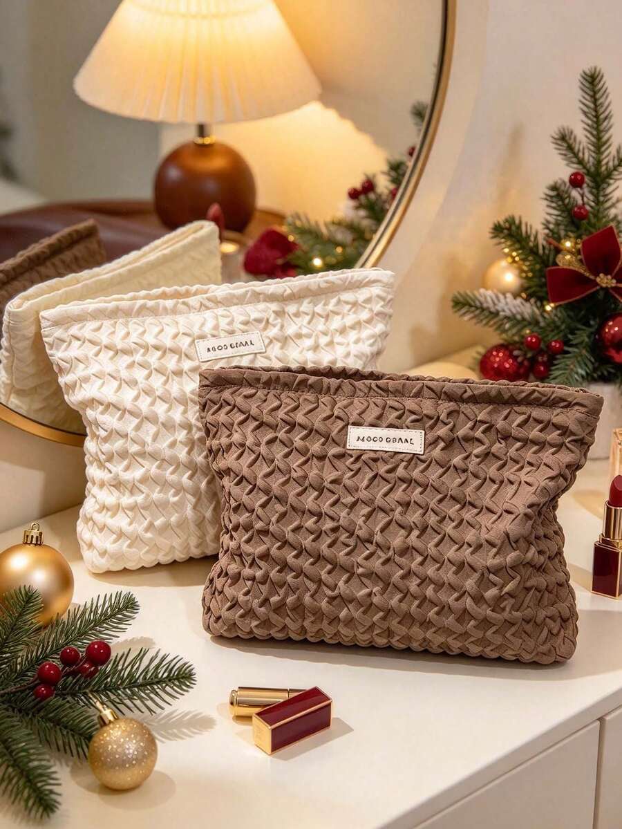 1pc Minimalist Textured Fabric Makeup Pouch, Wavy Embossed Portable Cosmetic Storage Bag, Neutral Tone Toiletry Organizer, Christmas Gift, Christmas Party Supplies For Travel & Home Use - Multicolor - View 1