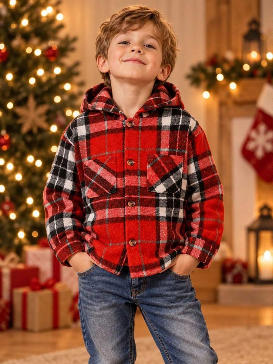 1pc Boys' Plaid Hooded Jacket, Wool Blend Fabric, Comfortable Casual Suitable For Birthday Party, Anniversary, Christmas Party - Red - View 1