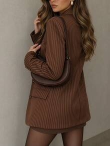 Women's Autumn Outing Outfit Top Striped Fashion Commute Lapel Long Sleeve Blazer - Coffee Brown - View 6