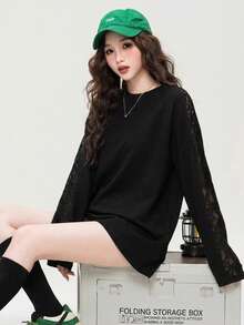 JUTU Women's Autumn Round Neck Loose Fit T-Shirt, Lace Patchwork Long Sleeve Top, Korean Casual Daily Commute Versatile Style - Black - View 6