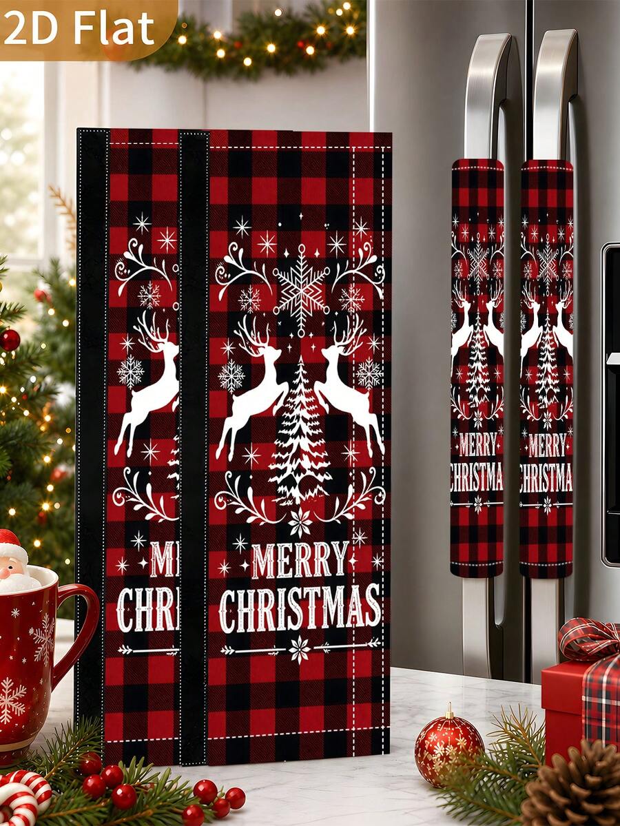 1/2Pcs Christmas Refrigerator Handle Covers, Reindeer, Black & Red Plaid, "Merry Christmas" Pattern, With Hook And Loop, Suitable For Refrigerator, Oven, Microwave, Dishwasher, Christmas Holiday Kitchen Decor - View 1