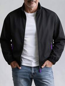 Men's Outdoor Casual Jacket With Stand Collar, Unique Zipper Head, Streetwear Versatile Spring/Autumn Outerwear - Black - View 1