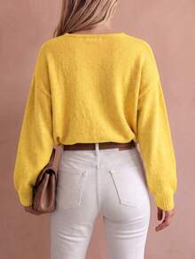 [Directed Development] Minimalist Solid Color Knit Sweater V-Neck Loose Slimming Elegant Slouchy Autumn/Winter Inner Layer Pullover Long Sleeve Top, Suitable For Autumn , Going Out, Dating, Holidays, Commuting, Streetwear, Party, Halloween - Yellow - View 6