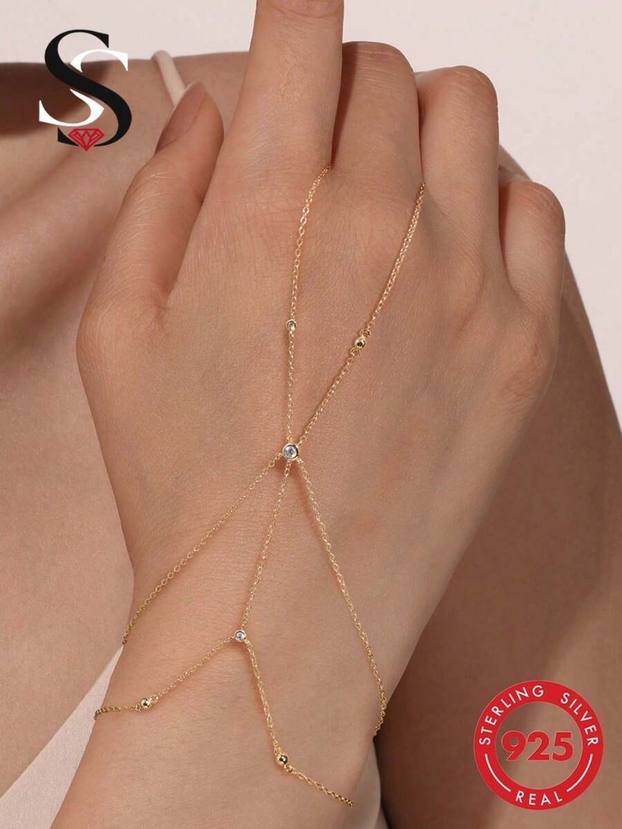 SereneSpark 1件 925純銀精緻多鏈條立方鋯石戒指手鍊，精美飾品，適合婚禮、派對、禮物、旅行及其他場合 - 金色 - 查看 1