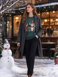 Women's Plus Size Christmas Sweater, Four Cats Holiday Pattern Design, Long Sleeve Crew Neck Regular Fit, Ideal Choice For Autumn/Winter Outfits - Green - View 3