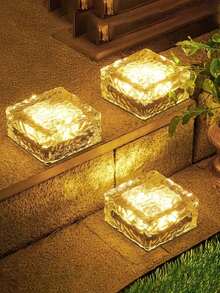 1/4/8PCS Outdoor Solar Ground Lights, Warm White Small/Large Garden Decor LED Night Lights, Portable Stair Step Lights, White Transparent Glass Shell, Built-In Rechargeable Battery, Embedded Solar Panel Charging, Suitable For Ground, Stairs, Balcony, Garden, Street, Path, Tea Table, Indoor Bed Decor Lighting Fixtures - Warm Light - Ice Brick Lamp - View 4