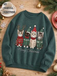 Women's Plus Size Christmas Sweater, Four Cats Holiday Pattern Design, Long Sleeve Crew Neck Regular Fit, Ideal Choice For Autumn/Winter Outfits - Green - View 8