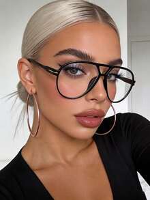 1 Pair Women's Large Frame Double Bridge Toad Transparent Glasses, Retro Transparent Glasses, Casual Fashion Glasses, Suitable For Daily Wear And Work Commute, Beach Accessory, Retro Y2K Basic Style, Business Casual Gift - Black - View 1