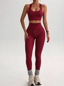 2pcs Polka Dot Sports Set, Racerback Crop Top + High Waist Tummy Control Leggings, Elastic Yoga Fitness Casual Workout Set - Red - View 6