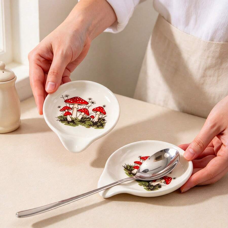 1/2pc 3 Inch Cute Red Mushroom Ceramic Spoon Holder, Rustic Kitchen Spoon Holder, Suitable For Kitchen, Dining Table, Coffee Bar Decoration And Supplies, Farmhouse Style Countertop Cooking Utensil Holder, Gift For Hostess - View 1