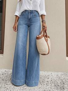 Teen Girls' Casual Vacation & Commute Versatile Elastic Comfortable Loose Wide-Leg Jeans, Belt Not Included - Medium Wash - View 1