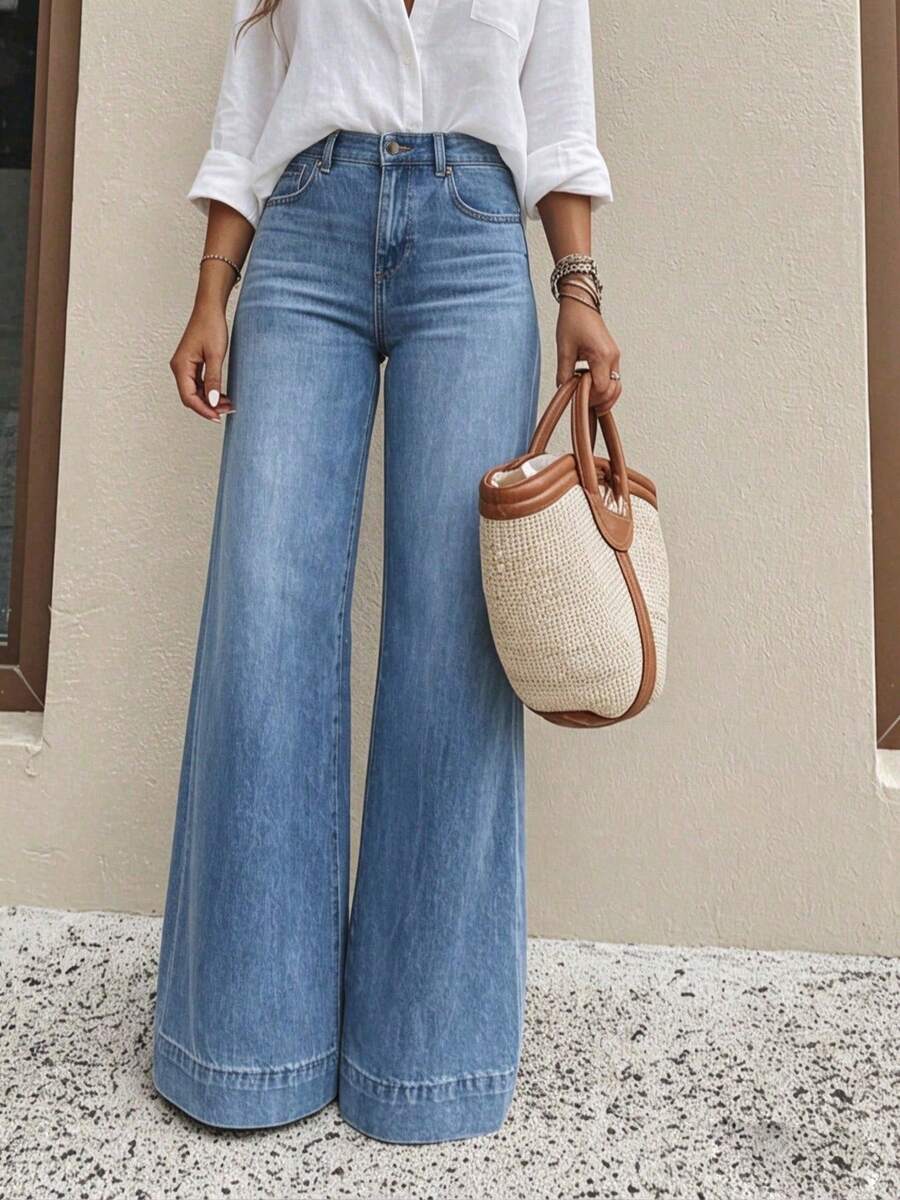 Teen Girls' Casual Vacation & Commute Versatile Elastic Comfortable Loose Wide-Leg Jeans, Belt Not Included - Medium Wash - View 1