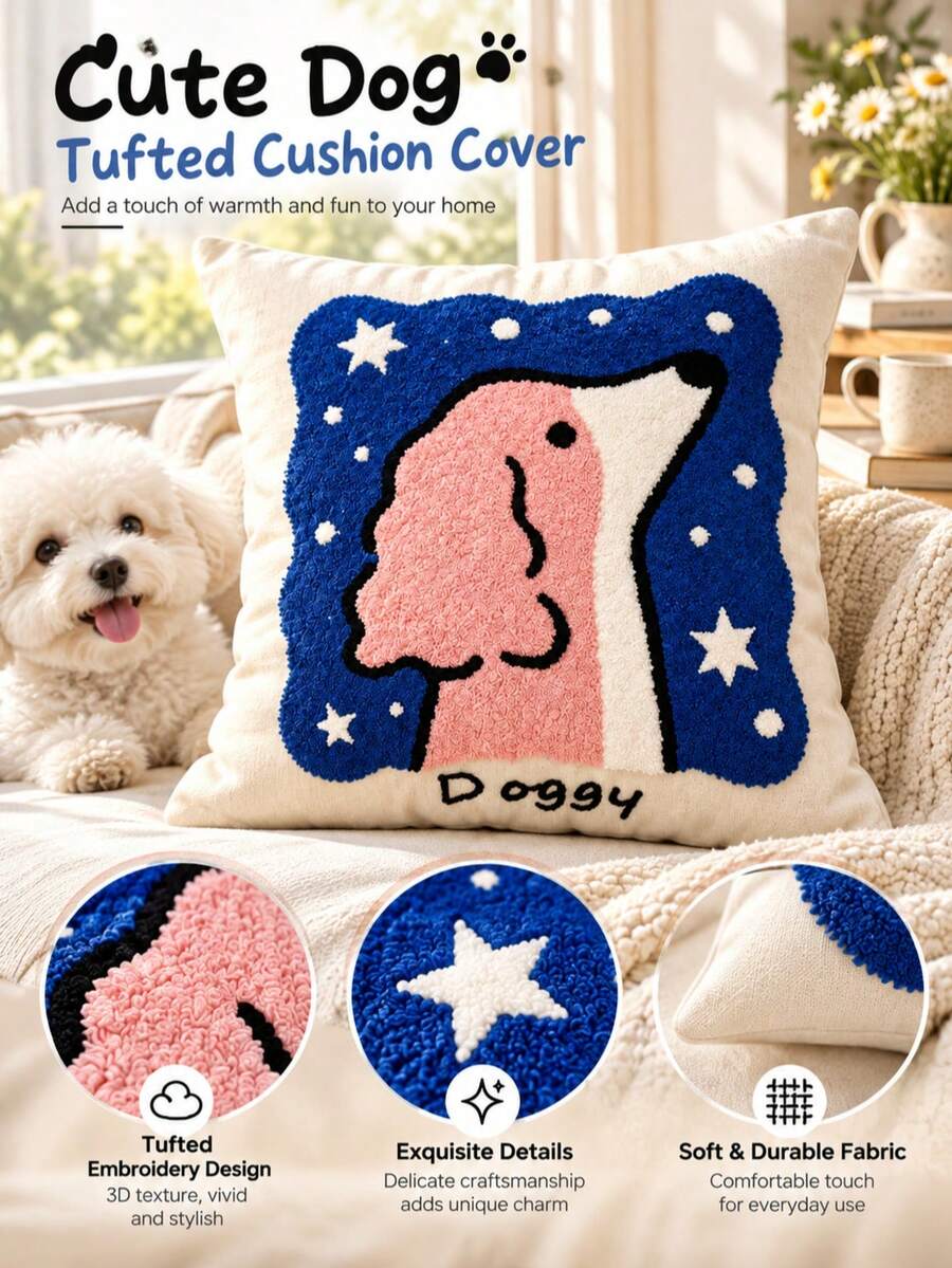 45X45cm 1pc Cute Pattern Throw Pillow, Textured Floral, Cartoon And Animal Design, Sofa, Bedroom And Living Room Home Decor Decorative Cushion - Navy Blue - View 1