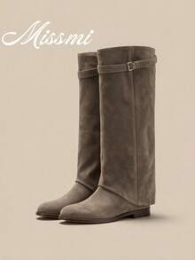2026 New Women's Pointed Toe Wide Shaft Straight Leg Mid-Calf Boots With Metal Buckle, Plus Size Chunky Heel Trouser Boots - Khaki - View 2