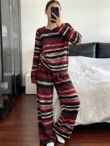 Spring/Autumn New Striped Women's 2-Piece Long Sleeve Pajama Set, Knitted Fabric Long Sleeve & Long Pants, Fashionable Wearable Loungewear, Soft & Comfortable - Multicolor - View 1