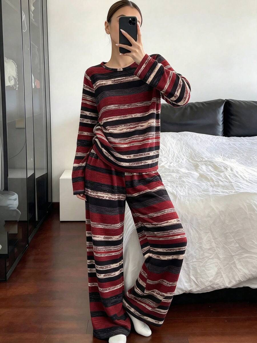 Spring/Autumn New Striped Women's 2-Piece Long Sleeve Pajama Set, Knitted Fabric Long Sleeve & Long Pants, Fashionable Wearable Loungewear, Soft & Comfortable - Multicolor - View 1