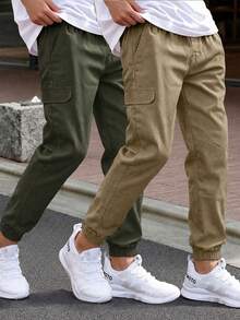2pcs Tween Boy Casual Outdoor Drawstring Waist Cargo Pants, Versatile & - Multicolor - View 6