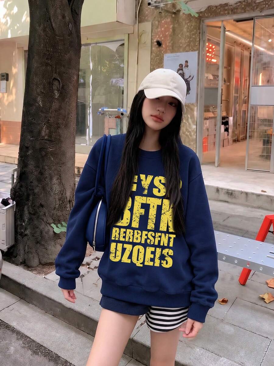 Japanese Letter Print Crew Neck Sweatshirt For Women, Navy Blue Long Sleeve Top For Autumn/Winter, Suitable For Casual Streetwear - Navy Blue - View 1