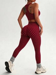 2pcs Polka Dot Sports Set, Racerback Crop Top + High Waist Tummy Control Leggings, Elastic Yoga Fitness Casual Workout Set - Red - View 4