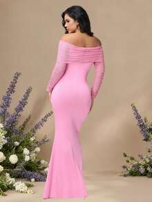 JustVH Pregnant Women's Ruched Mesh Open Shoulder Dress, Elegant Fitted Party Gown With Mermaid Hem Fall Pink - Pink - View 2