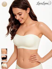3pcs Women's Bandeau Bras: Seamless Bandeau Top, Wire-Free Non-Slip Backless Bra, Invisible Low Back Support - Multicolor - View 2