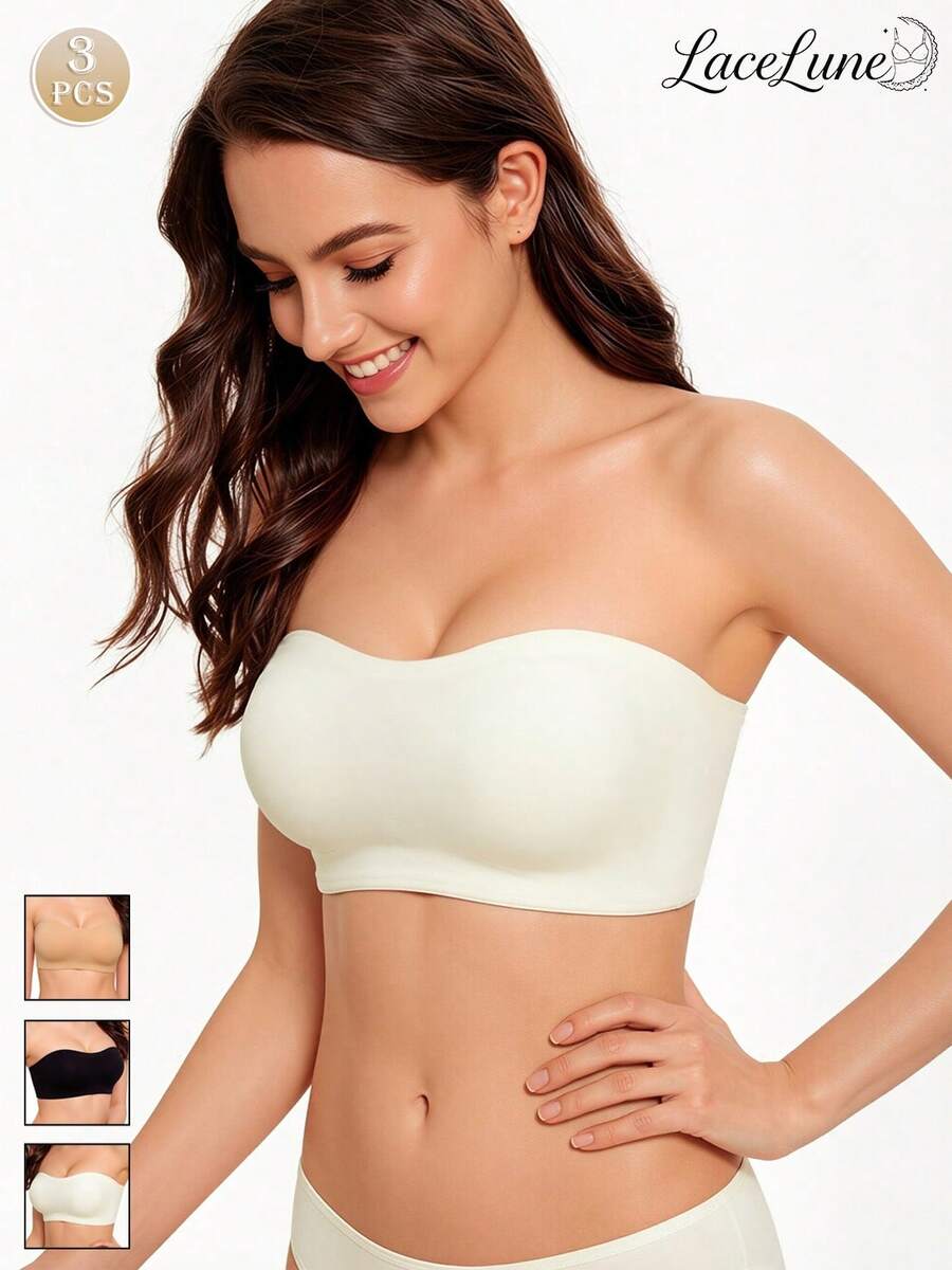 3pcs Women's Bandeau Bras: Seamless Bandeau Top, Wire-Free Non-Slip Backless Bra, Invisible Low Back Support