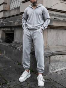 Men's Minimalist Fashion Casual Sports Set With Half-Zip Hooded Drop Shoulder Long Sleeve Sweatshirt And Drawstring Elastic Waist Tapered Pants - Dark Grey - View 4