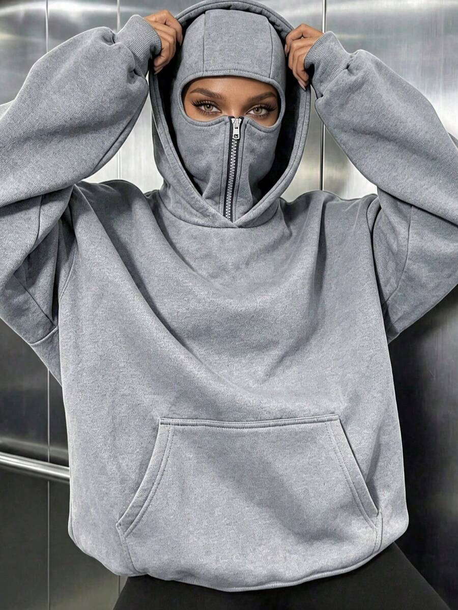 Women's Casual Fleece Balaclava Sweatshirt With Double Hood, Zipper Pockets, Loose Fit, Face-Covering, Autumn/Winter Everyday Wear