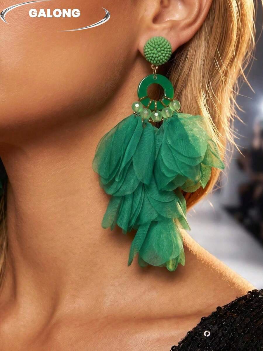 Bohemian Beach Resort Style Handmade Earrings, Layered Chiffon Petal Wavy Edge, Floral Fairy Resort Style Earrings