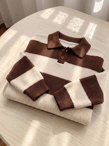 Girls' & Teens' Slouchy Colorblock Horizontal Striped Polo Collar Button Knit Top, Preppy Loose Casual Sweater - Brown - View 7