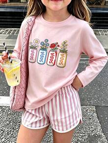 Girls' Long Sleeve T-Shirt, Cute Soda Can Floral Pattern Casual Top, Suitable For Autumn - Pink - View 8