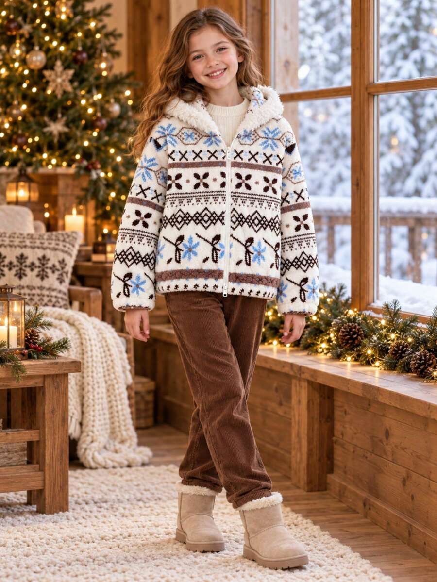 Girls' Winter Plush Hooded Jacket, Soft Fleece Casual Fair Isle Pattern Zip-Up Coat, Suitable For Outdoor Wear - Multicolor - View 1