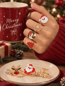 7pcs Christmas Cartoon Oil Drop Ring Set, Santa Claus, Reindeer, Snowflake, Christmas Tree Gold Open Finger Rings, Women's Holiday Jewelry - Multicolor - View 2