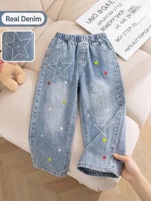 Girls' Y2K Street Style Star Embroidered Denim Jeans, Fashionable Comfortable Loose Fit Straight Leg Jeans, All-Season Daily Wear - Medium Wash - View 1