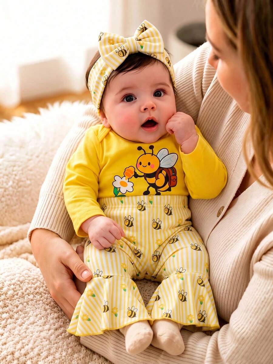 2pcs Baby Girl Cute Long Sleeve Bee Print Ribbed Romper, Flare Pants & Headband Set, Thin Spring/Autumn - Yellow - View 1