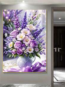1pc 5D Purple Floral Rhinestone Art DIY Kit - Acrylic Art Canvas Diamond Painting Home & Garden Decor, Perfect Handmade Gift For Family, Canvas Material - Multicolor - View 13