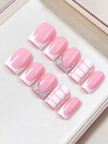 10pcs Short Square Press-On Nails, Pink French Tip With Iridescent Rhinestones And Hand-Painted Plaid, Reusable Sweet Girly Style Fake Nails, Suitable For Work, Dating, Shopping, Travel And Gifting, No Lamp Required, Suitable For Students, Girls, Moms And All Women - Pink - View 1