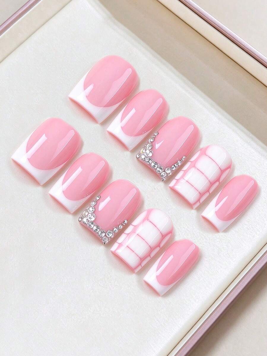 10pcs Short Square Press-On Nails, Pink French Tip With Iridescent Rhinestones And Hand-Painted Plaid, Reusable Sweet Girly Style Fake Nails, Suitable For Work, Dating, Shopping, Travel And Gifting, No Lamp Required, Suitable For Students, Girls, Moms And All Women - Pink - View 1
