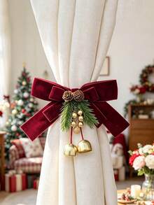 1pc Burgundy Velvet Christmas Curtain Tieback With Gold Bell And Pine Cone Decor, Christmas Curtain Buckle, Holiday Home Decor - Multicolor - View 6