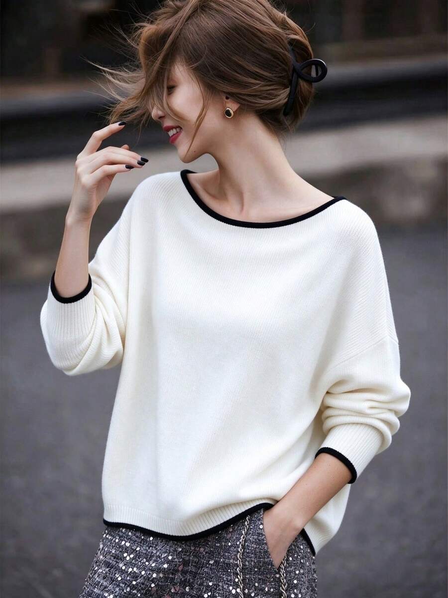 Women's Elegant Long Sleeve Knit Top With Large Scoop Neck, Contrast Trim And Dropped Shoulder Design, Suitable For Autumn Wear - White - View 1