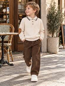 2pcs Tween Boy Vintage Collegiate Style Cream Textured Long Sleeve Polo Shirt With Elbow Patch Design And Brown Corduroy Pants, Suitable For Back To School, Daily Wear, Family Gatherings, Autumn/Winter - Apricot - View 2