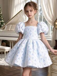 Girls' Elegant Floral Pattern Puff Sleeve Short Dress, Princess Dress For Birthday Party, Graduation Dance, Evening Gala, Outdoor Vacation, Wedding, Spring/Summer - Baby Blue - View 1
