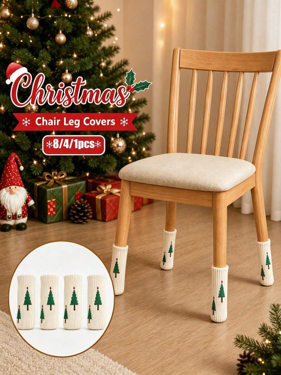 8/4/1pc Set Christmas Tree Embroidered Chair Leg Covers, Christmas Beige Knitted Table & Chair Leg Protectors, Floor Mat Covers, Christmas Home Holiday Atmosphere Decorative Chair Leg Protectors - Multicolor - View 1