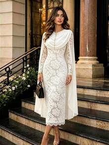 Lace French Romantic Women's Wedding Date Cowl Neck Cape Drape Chiffon Contrast Lace Elastic Slim Fit Elegant Dress - White - View 1