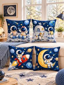 1pc/4pcs Astronaut Print Pillow Case, Suitable For Living Room Sofa Bedroom Daily Home Decor, Applicable For Daily Home Decor Throw Pillows, Pillow Insert Not Included - Multi-color a - View 1
