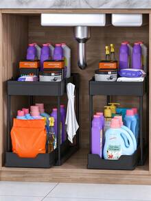 Minimalist Double-Layer Pull-Out Storage Rack, Kitchen Under Sink Bathroom No-Drill Organizer, Space-Saving, With Detachable Hooks, Raised Edges, Suitable For Kitchen Sink, Bathroom Vanity, Office Desk, Home Decor, Christmas, Holiday Essential Kitchen Supplies - Multicolor - View 10
