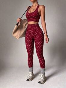 2pcs Polka Dot Sports Set, Racerback Crop Top + High Waist Tummy Control Leggings, Elastic Yoga Fitness Casual Workout Set - Red - View 5