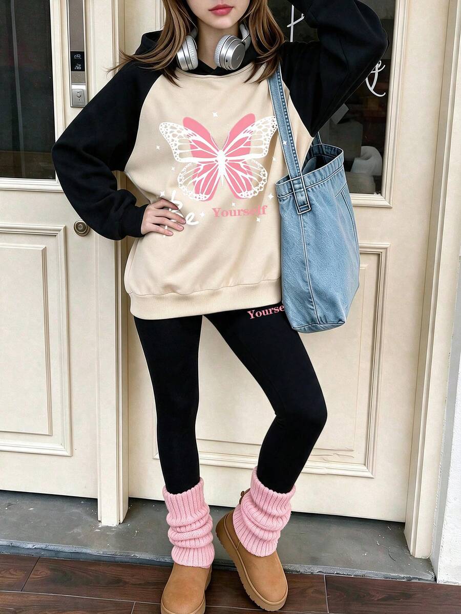 Fashionable Versatile Butterfly Print Color Block Hoodie + Letter Print Leggings 2 Pieces Set, Suitable For Teens And Girls To Wear In Autumn And Winter - Multicolor - View 1